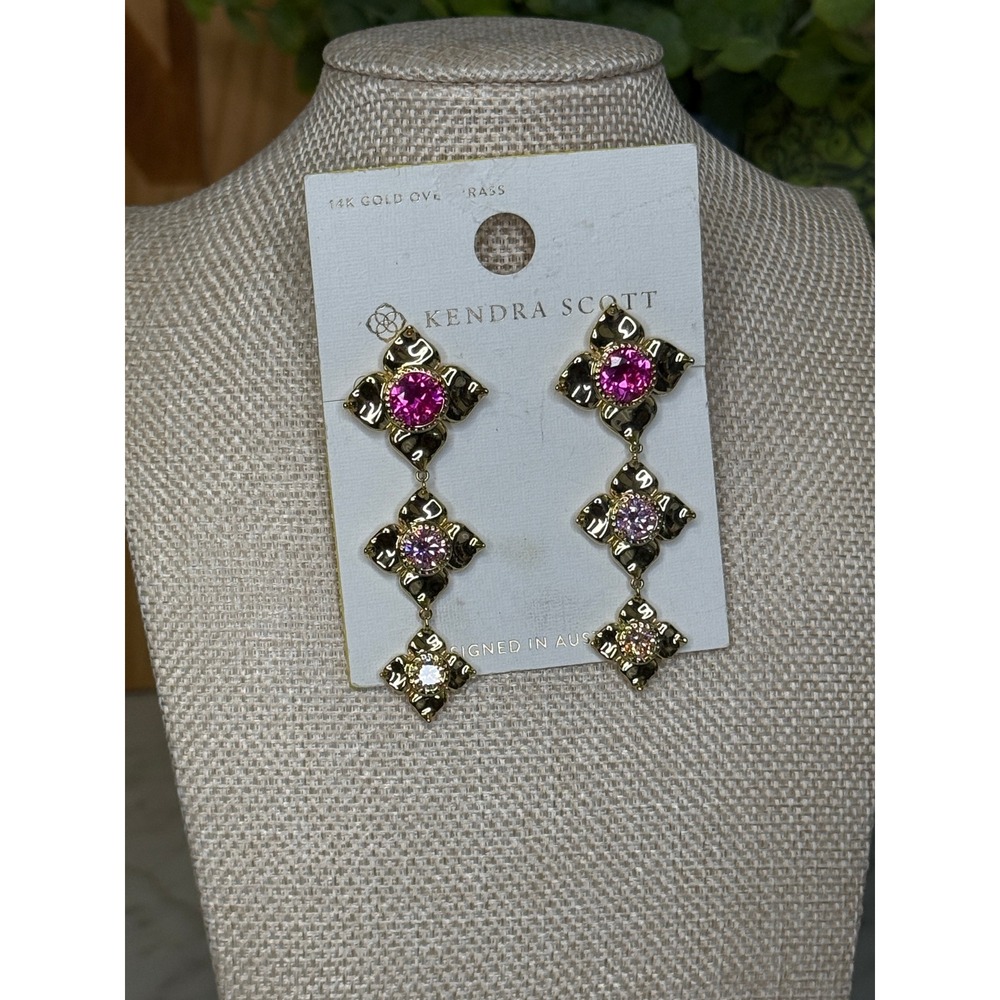 Kendra Scott Womens Drop Earrings Gold Pink Floral Ombre Statement Romantic OS